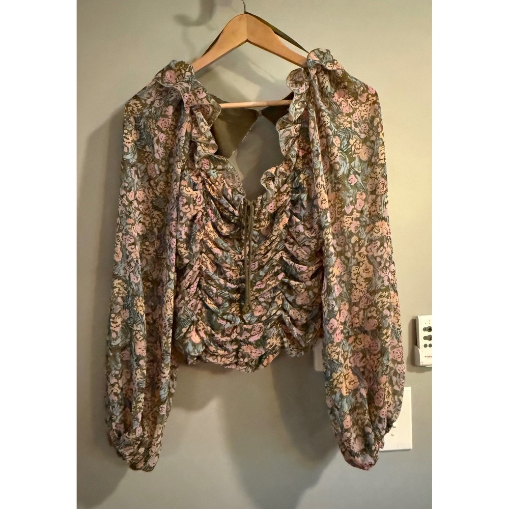 Free People Blouse Womens Medium Olive Floral Ruched Smocked Boho Balloon Sleeve